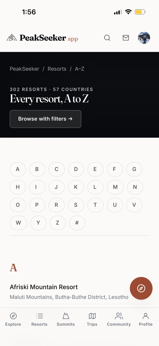 PeakSeeker resort directory, A to Z, 302 resorts across 57 countries