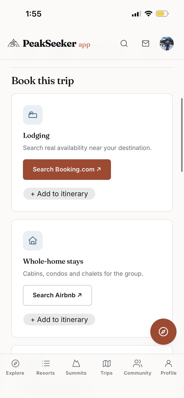 Book this trip tab with Booking.com and Airbnb search links