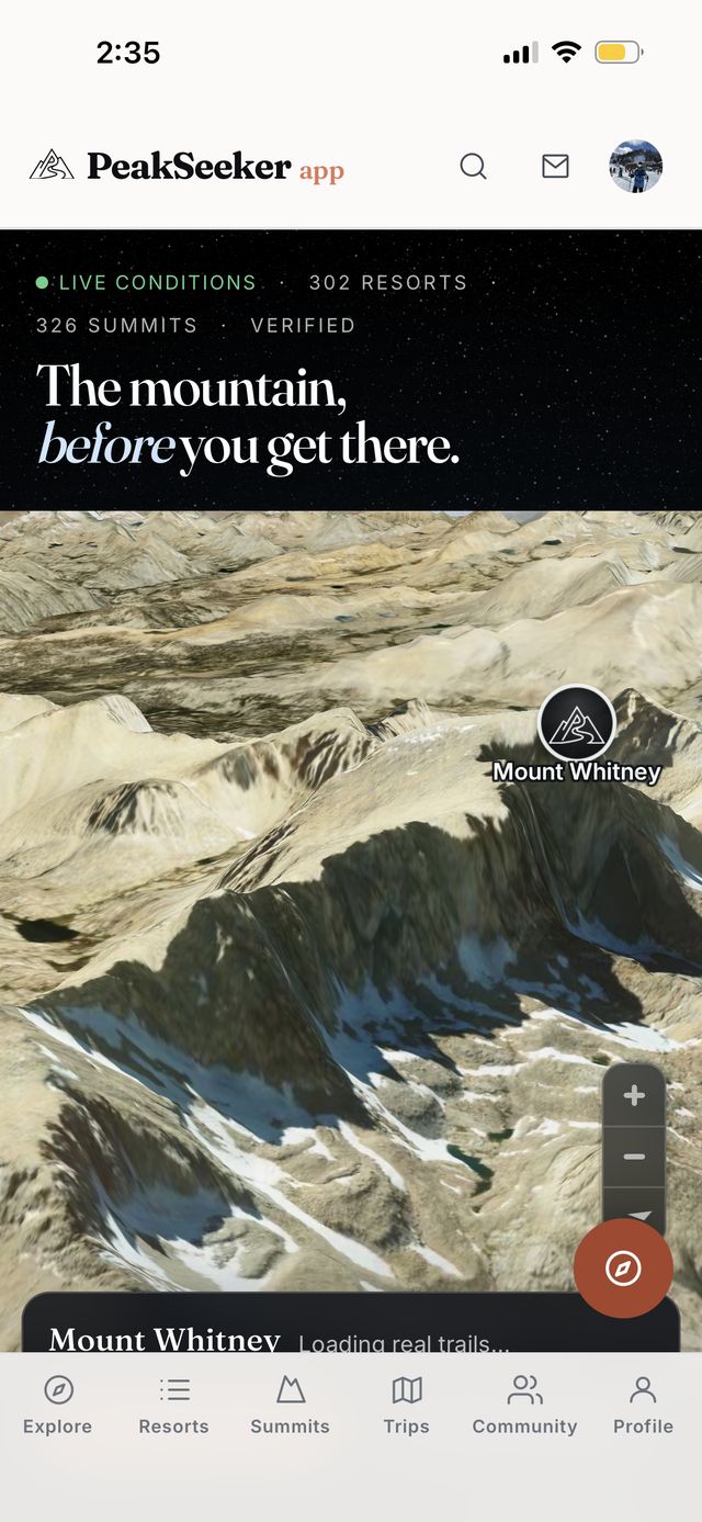 The globe zoomed into Mount Whitney, rendering real 3D terrain and loading real trails