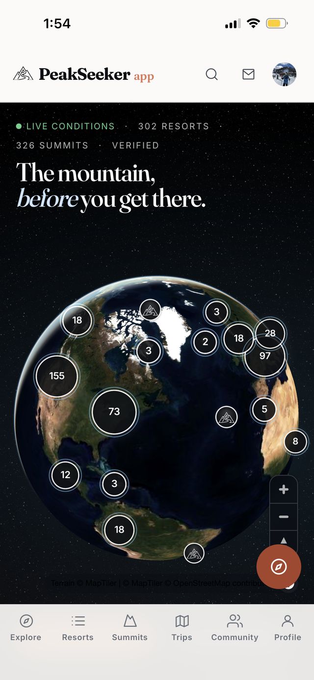 PeakSeeker homepage globe showing 302 resorts and 326 summits across the world, live conditions loading