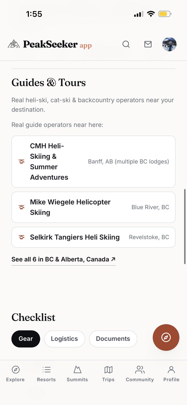 Guides and Tours tab listing real heli-ski and backcountry operators