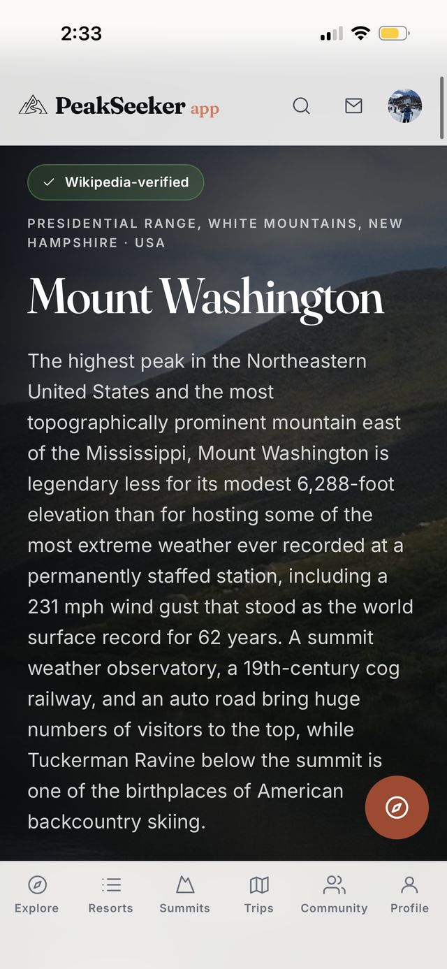 Mount Washington summit page hero, 6,288 feet