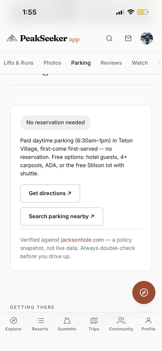 Resort parking tab showing real parking policy and directions