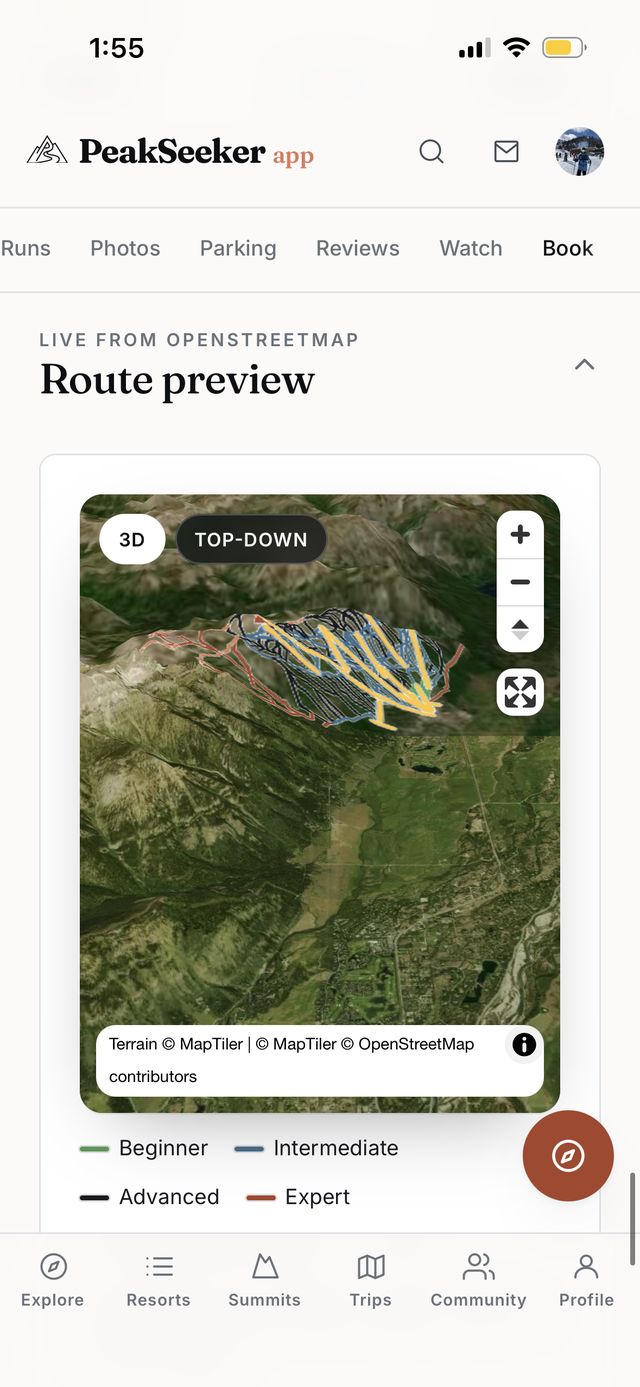 Live 3D route preview on a resort page, terrain and marked runs, from OpenStreetMap