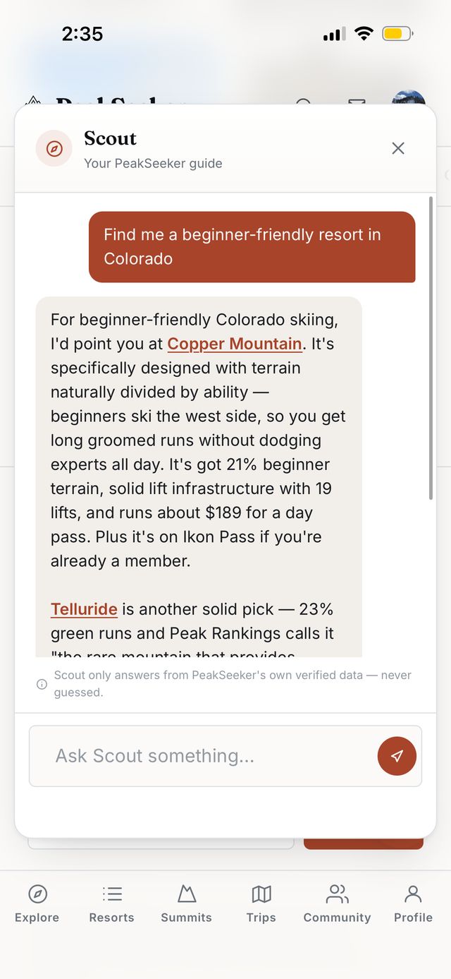 Scout answering 'find me a beginner-friendly resort in Colorado' with real terrain and lift data for Copper Mountain and Telluride