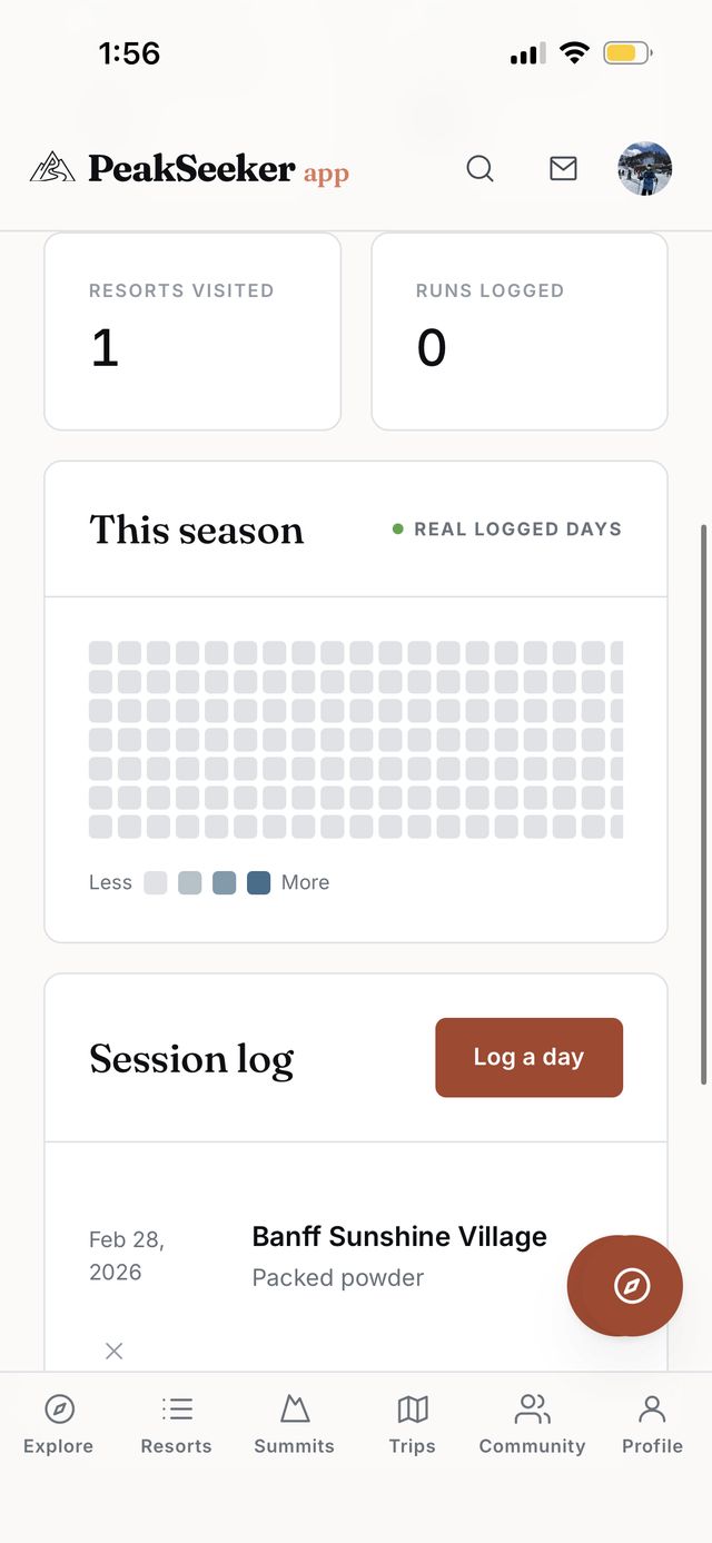Session log with a day-by-day heatmap of days on snow